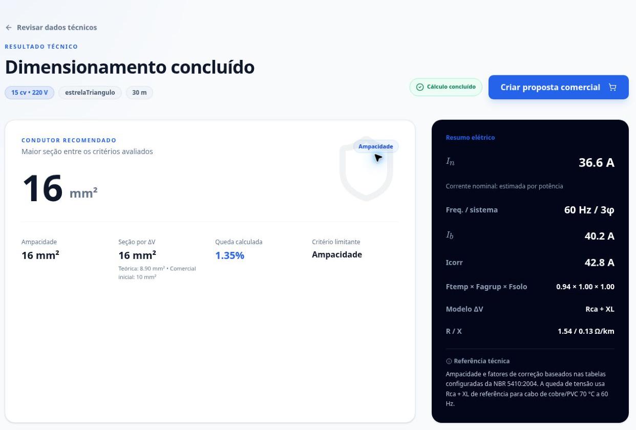 Dimensionador Expert aberto no computador, com resultado de um dimensionamento real
